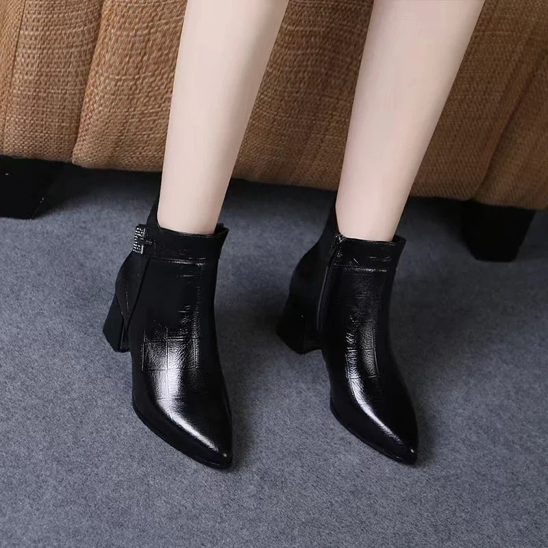 Women Autumn Winter Boots Women Shoes Pure Color Booties Drill Buckle Strap Square Heel Single Shoes Outdoor Warm Shoes