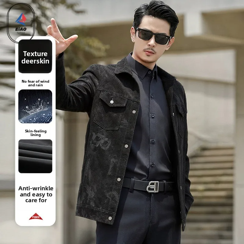 

​Men Business Casual Jacket Spring Autumn Genuine Leather Solid Color Korean Style Outdoor Waterproof windproof Lapel PU Coat​