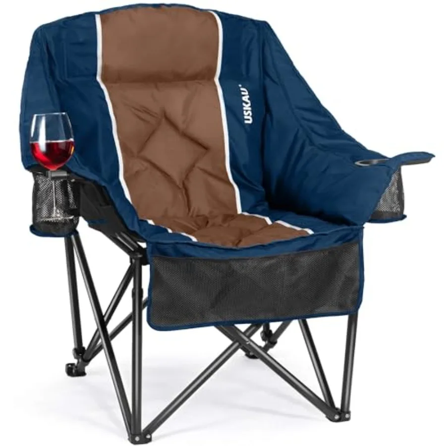 

Oversized Camping Chair for Adults - Heavy Duty 400 lbs Steel Frame Padded Folding Chair in Gray with Wine Glass Holder, 2 Cup