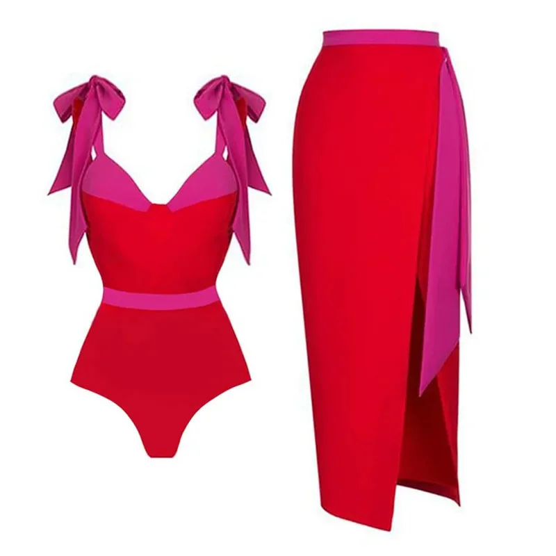 ผู้หญิงชุดว่ายน้ําชิ้นเดียวสีบล็อก Bow-Tie Maxi ชุดชุดว่ายน้ําชุดสําหรับ Beach Vacation สไตล์สวมใส่