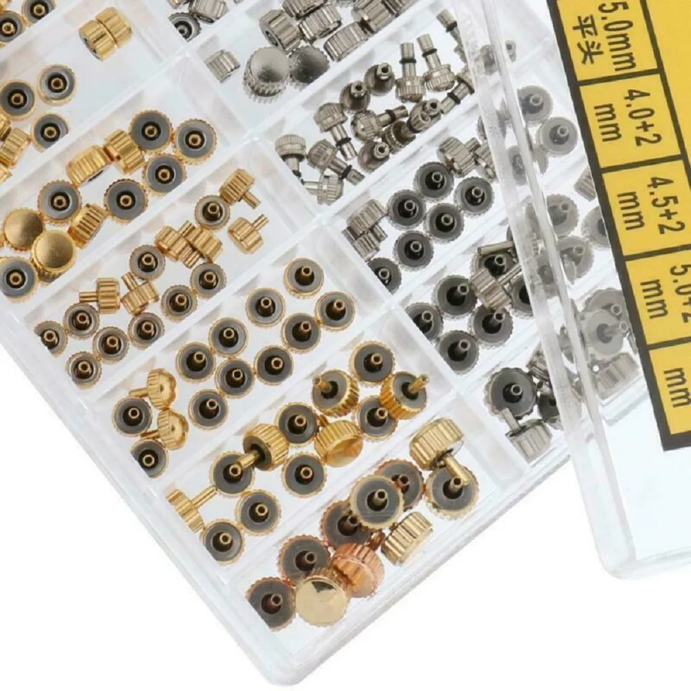 300Pcs Copper Quartz Watch Crowns Waterproof Replacement Assortment Box Multi Sizes Silver Gold Watch Repair Parts