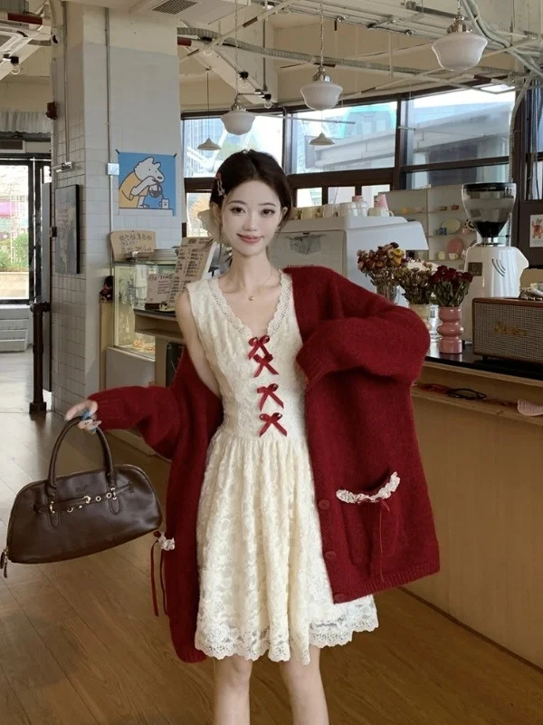 

plus Size Women's Lace Trim Fleece Lined Knot Strap Dress A-Line Short Skirt High Waist Commute Style Winter New Ar...