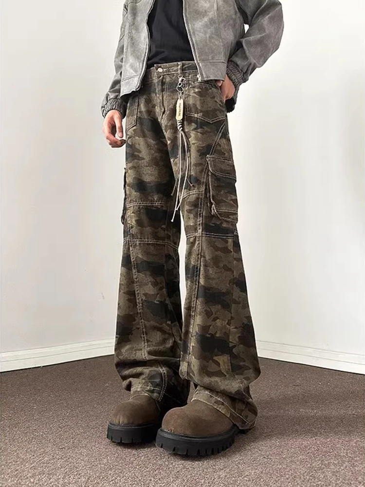 

Camouflage Work Pants Men's Straight Loose Flared Leg Spring Autumn American Retro High Street Cleanfit Trousers Casual Pants