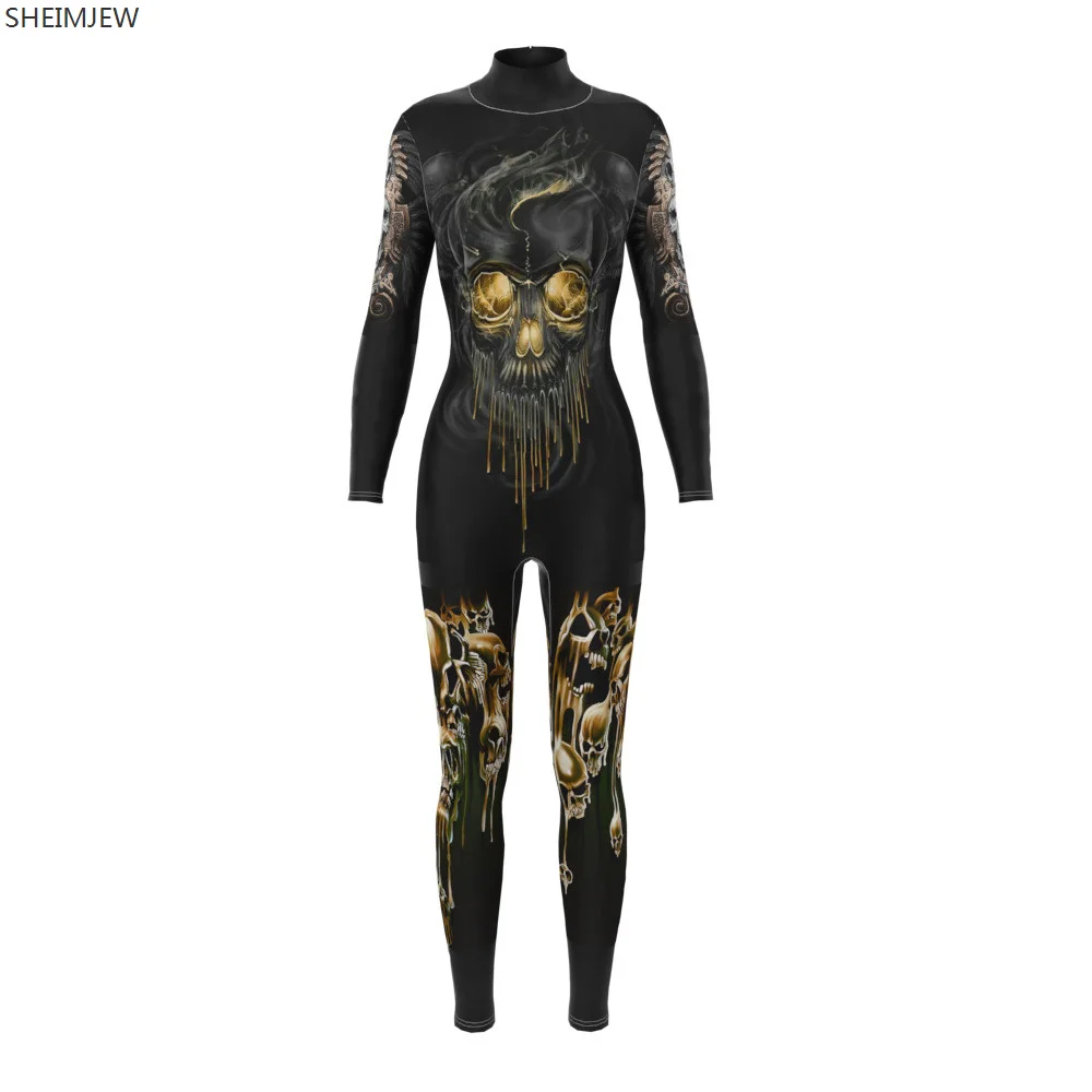 Women Smoke Skull Print Catsuits Halloween Party Cosplay Costumes Adult Fashion Gothic Bodysuits One-piece Clothing