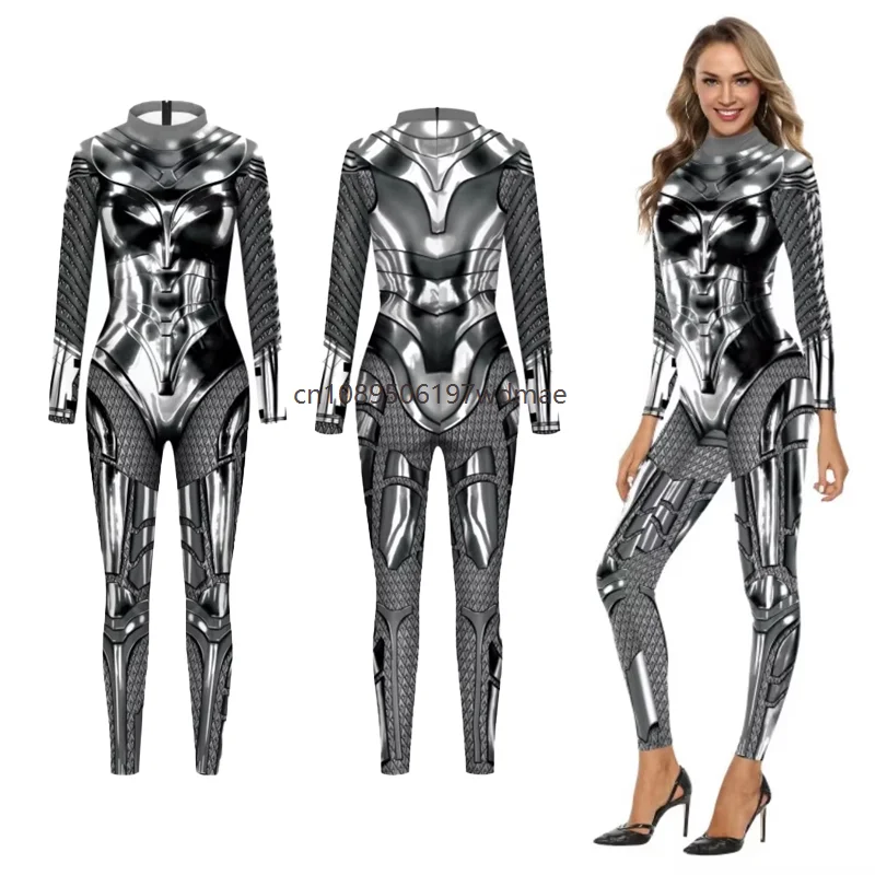 

Silver Metallic Printed Bodysuit Hero Cosplay Modernized Costume Halloween Jumpsuit Evening Party Stage Performance Costumes