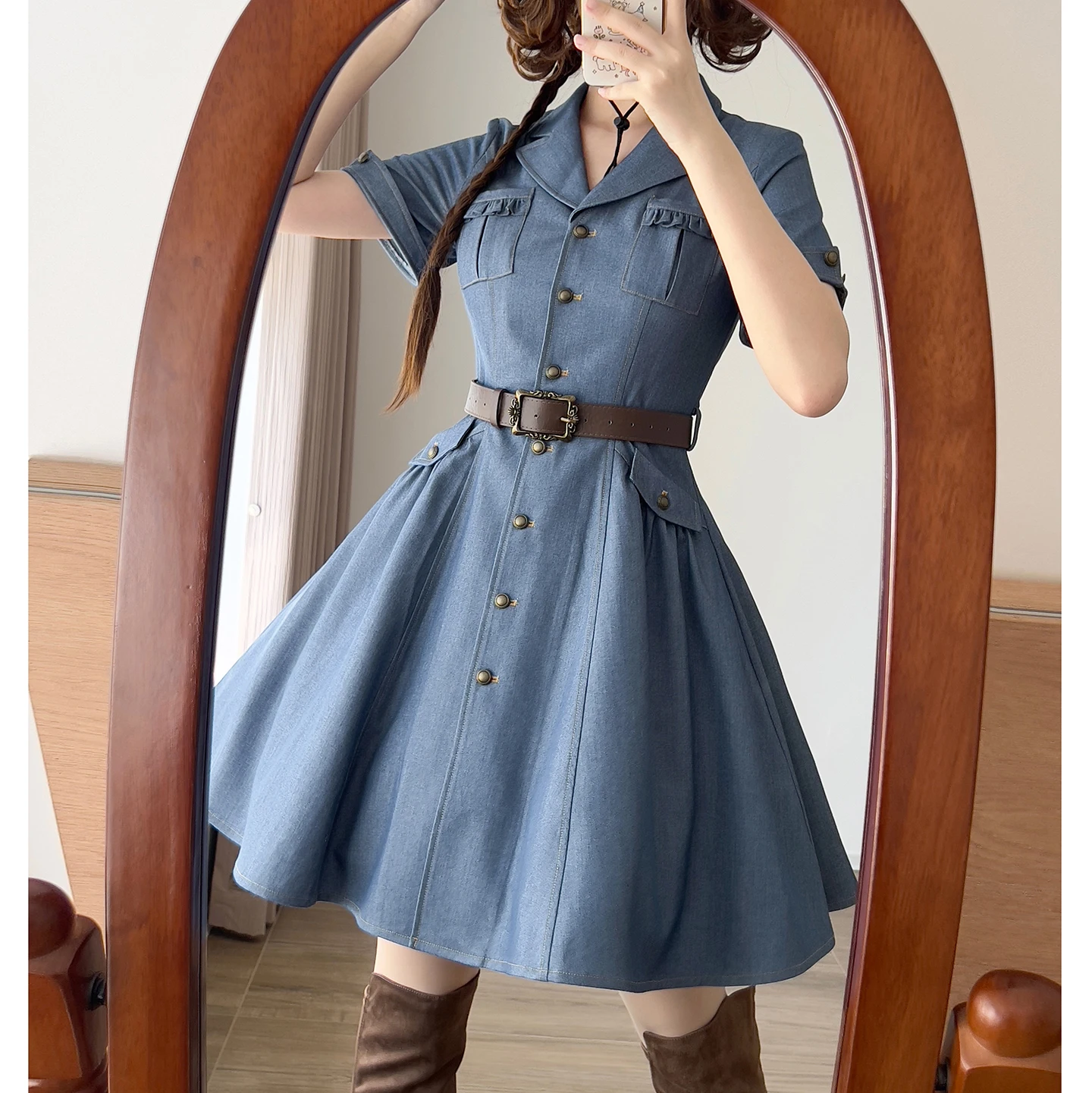 Originele Amerikaanse Retro Denim Jurk 2025, Lente Zomer Herfst Dames Slim Fit Elegante Lolita Jurk College Stijl Zoete Jurk OP