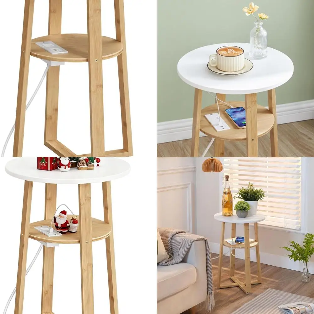 

Charging-Station Round Side Table, Bamboo-Legged Accent End Table, White & Natural YW101UBZ01