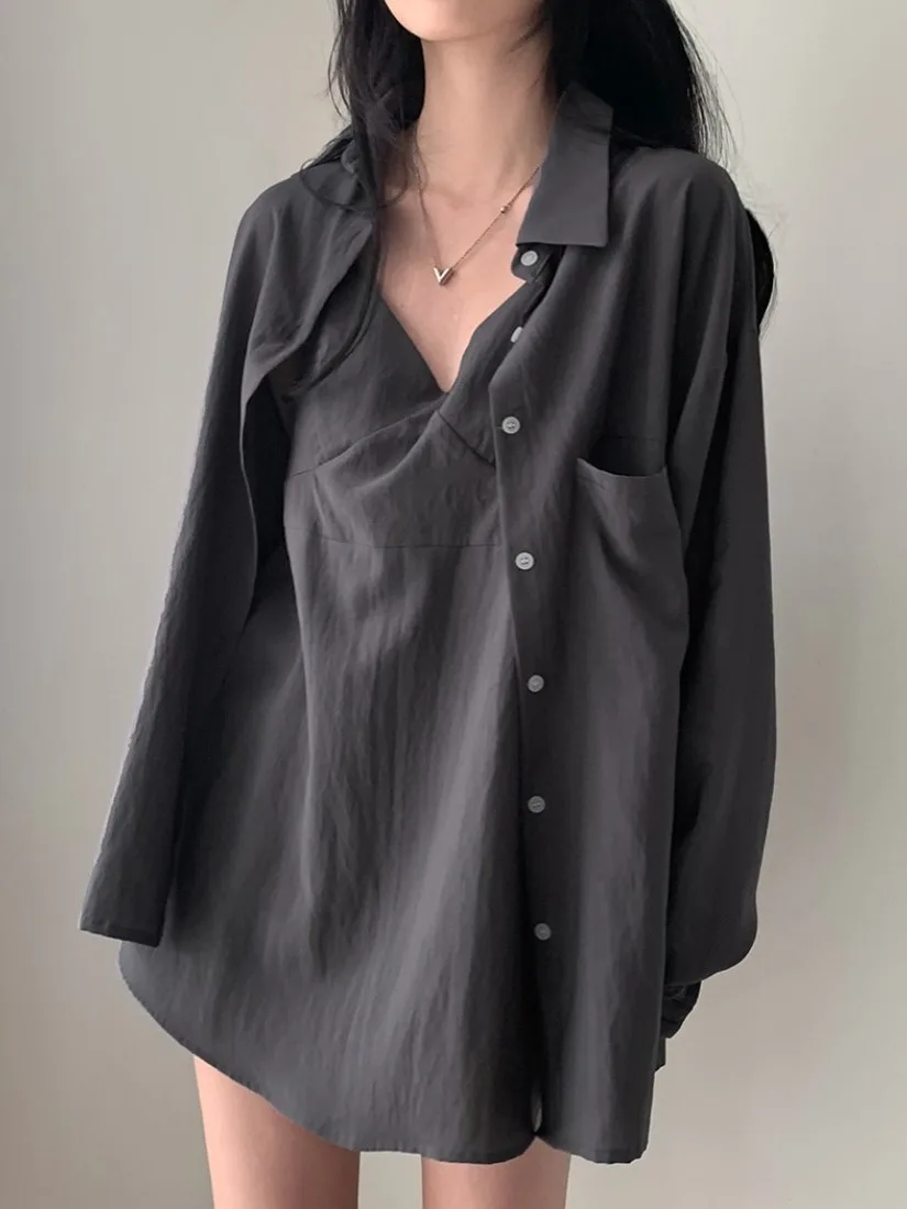 

Chic Autumn Simple Elegance V-Ne Loose Versatile Strap+ Loose Casual Long Sve irt Women Two-Piece Set Ele Faionable