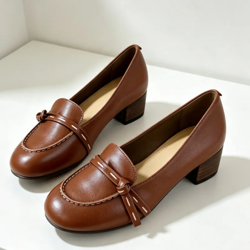 Retro Patent Leather Front Knot Strap Detail Women's Loafers Fashion Round-Toe Topstitching Chunky Heel Slip-on Mary Janes Shoes