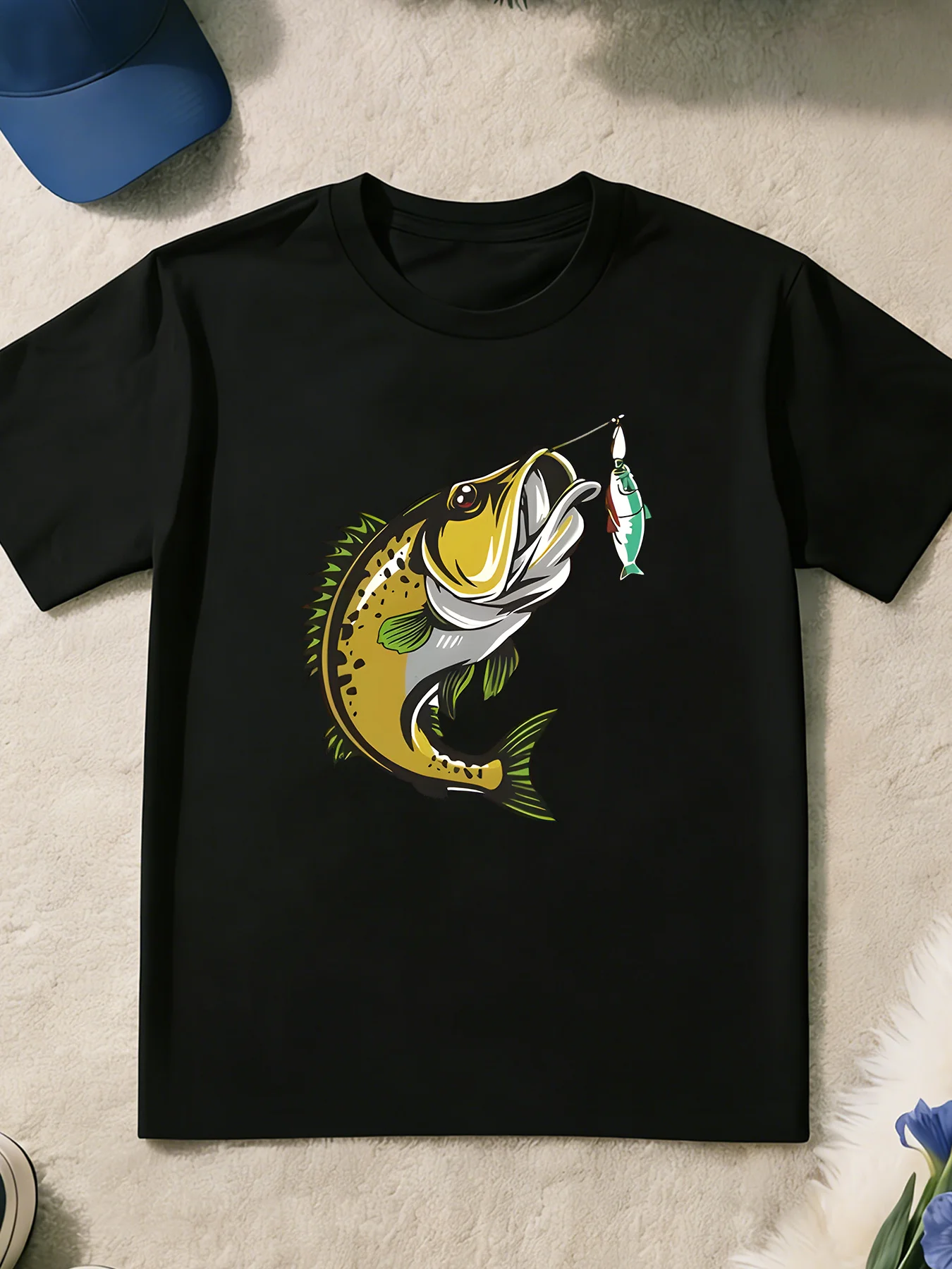 Largemouth Bass Fish Fishing Lure Cartoon Print T Shirt Boys Girls Fishing Short Sleeve Tee Family Matching Kids Cotton Tops