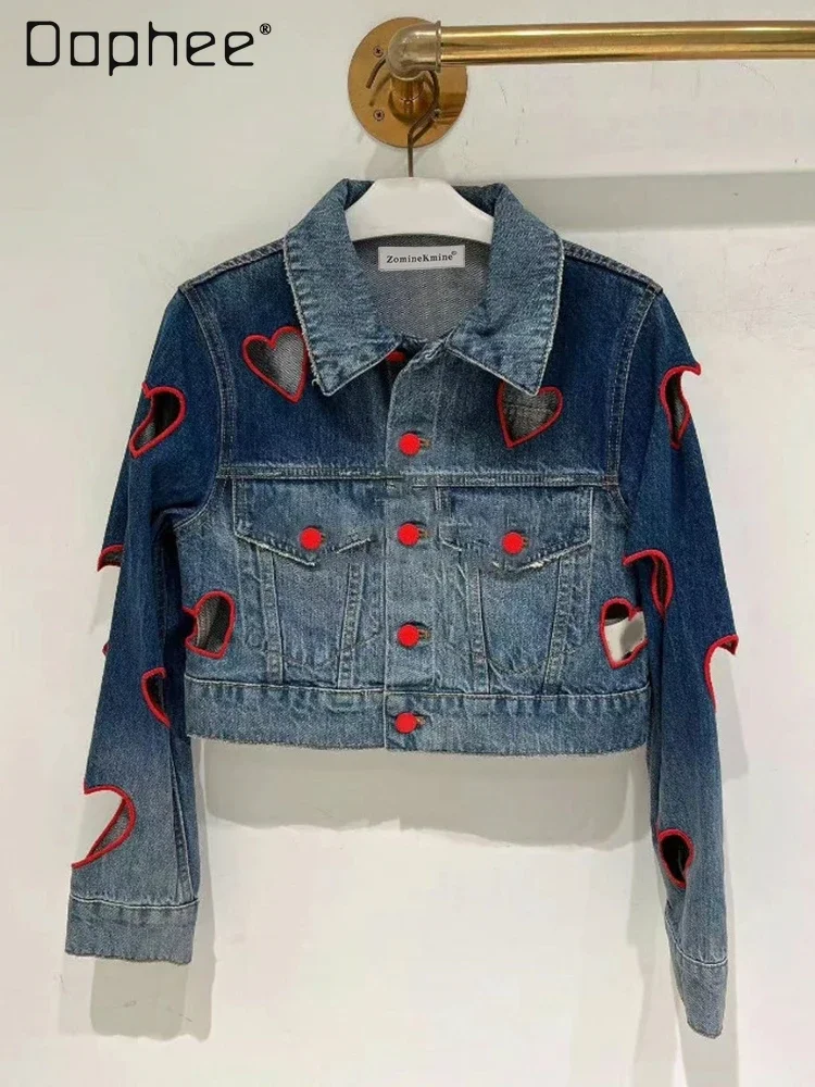 

Chic Heart Hollow Out Short Denim Jacket Women Lapel Long Sleeve Single-breasted Contrast Color Coats Street Fashion Casual