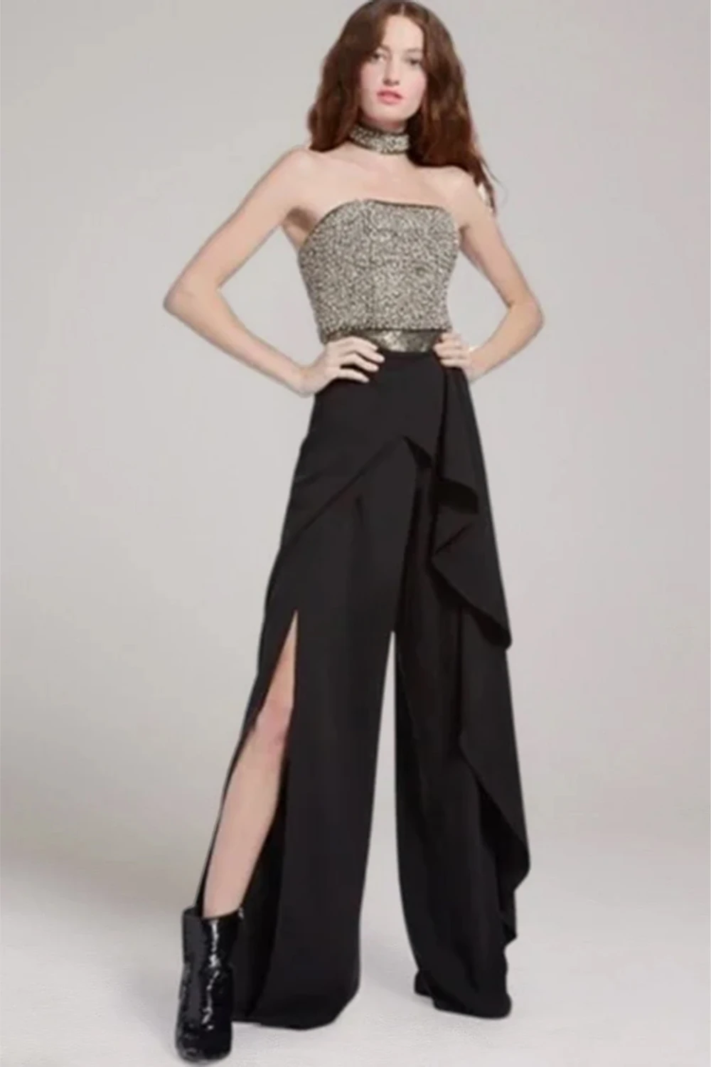 Combinaison sans bretelles à paillettes pour femmes, combinaison fendue en Patchwork, dos nu, fente à la taille, noire, combinaison de soirée et de mariage, 2026