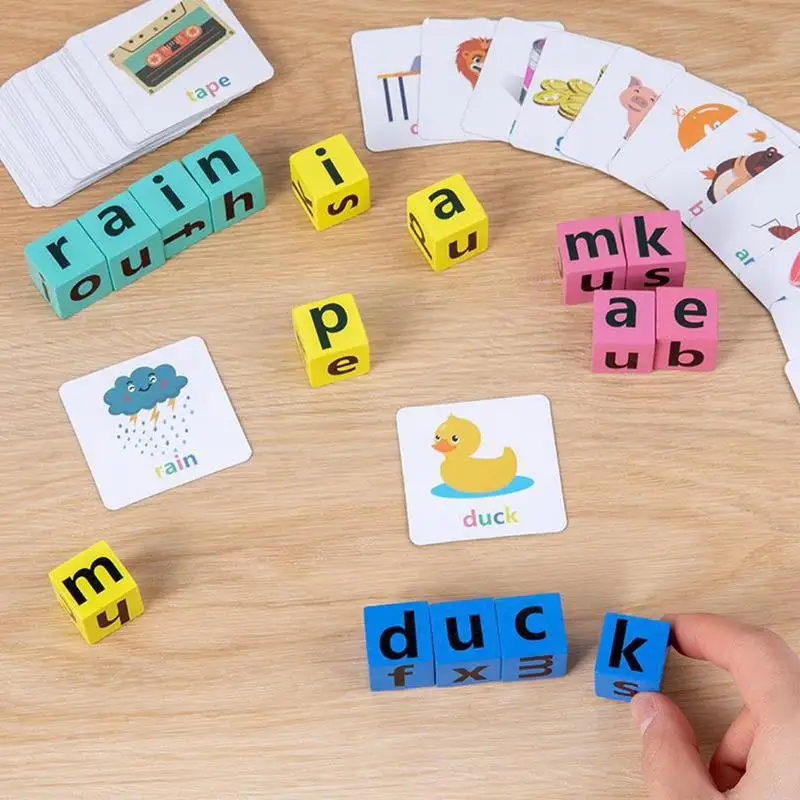 Letter Spelling Block Flash Cards Game English Words Early Learning Educational Puzzle Game For Baby Kids Montessori Wood Toy