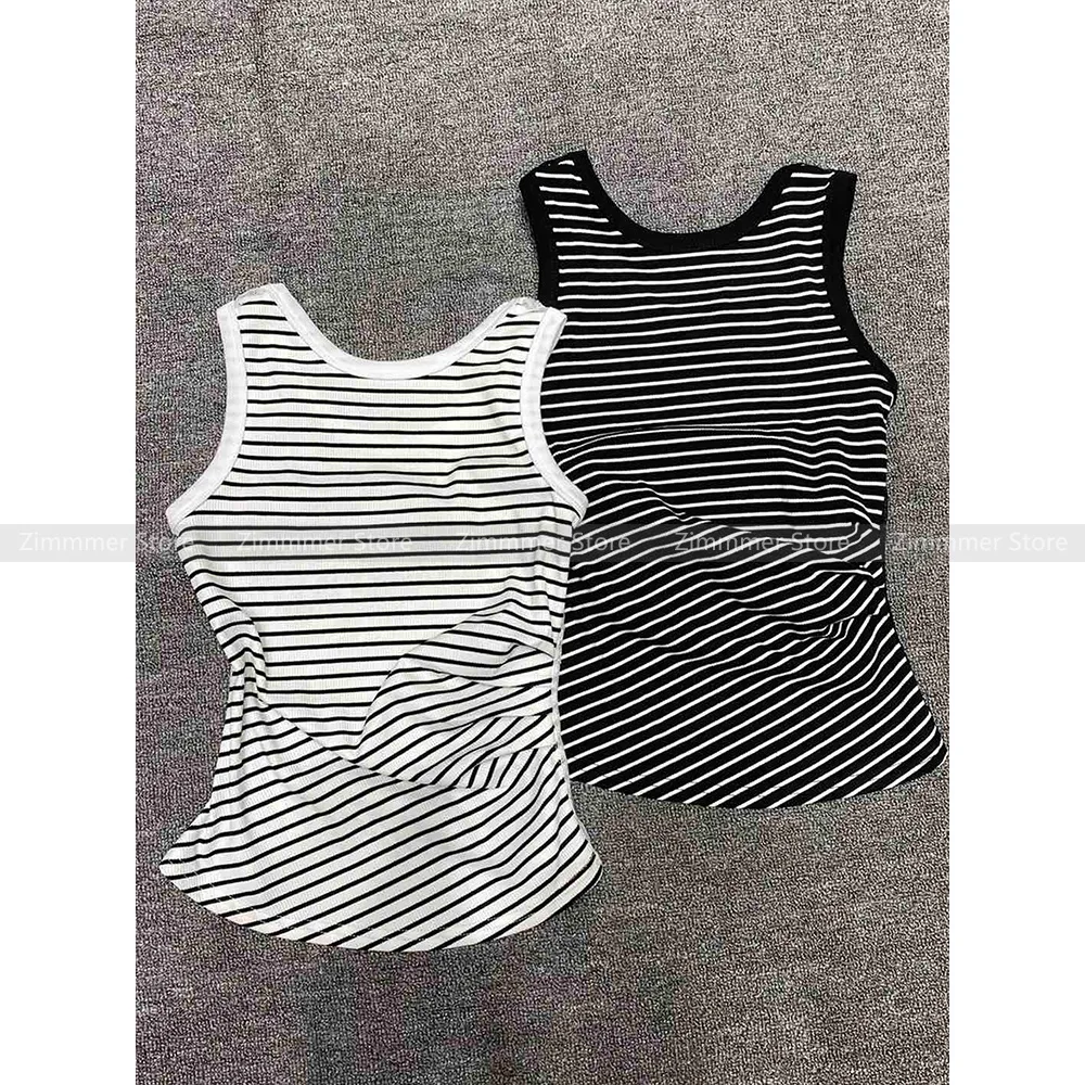 Striped camisole undershirt lace splicing Europe and the United States design sense waist thin sleeveless tops