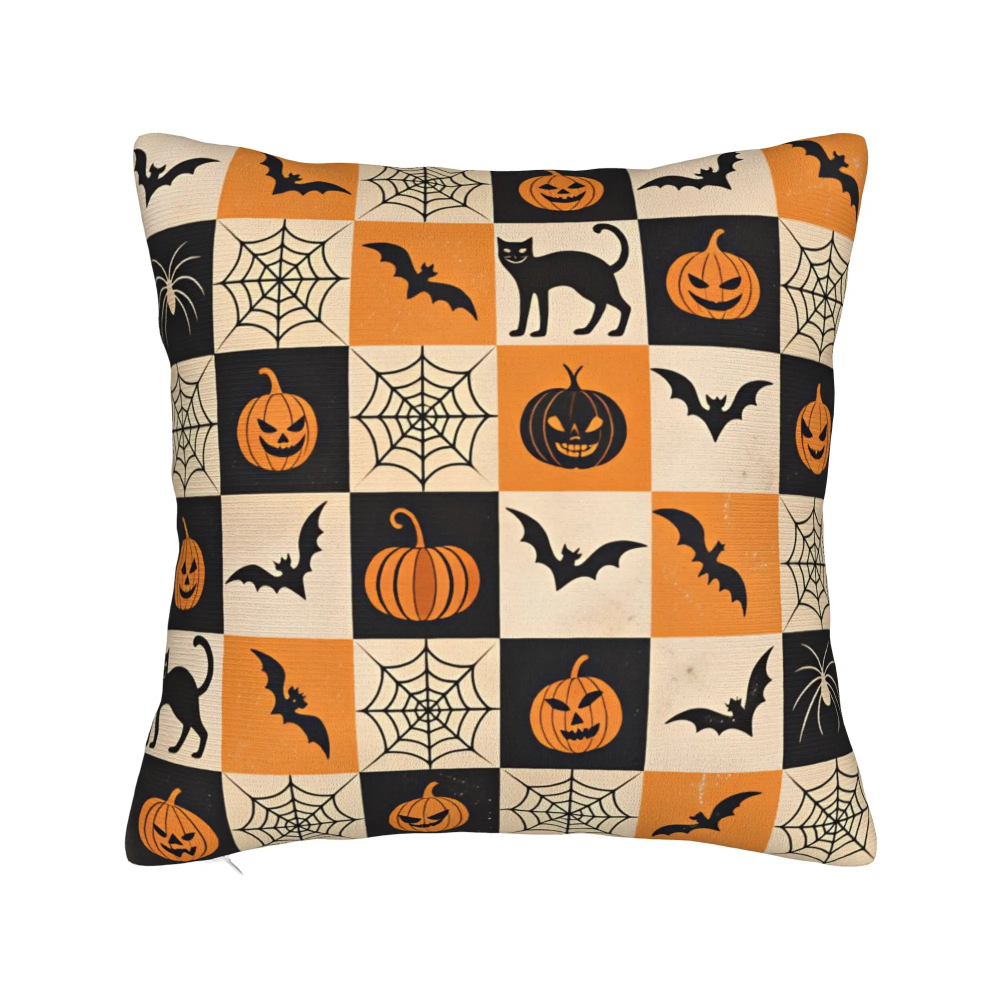 Pillow Cover Halloween Checkerboard Bat Cat Spider Pumpkin Seamless Pattern  Fashion Pillow Case For Couch Bedroom Pillowcases