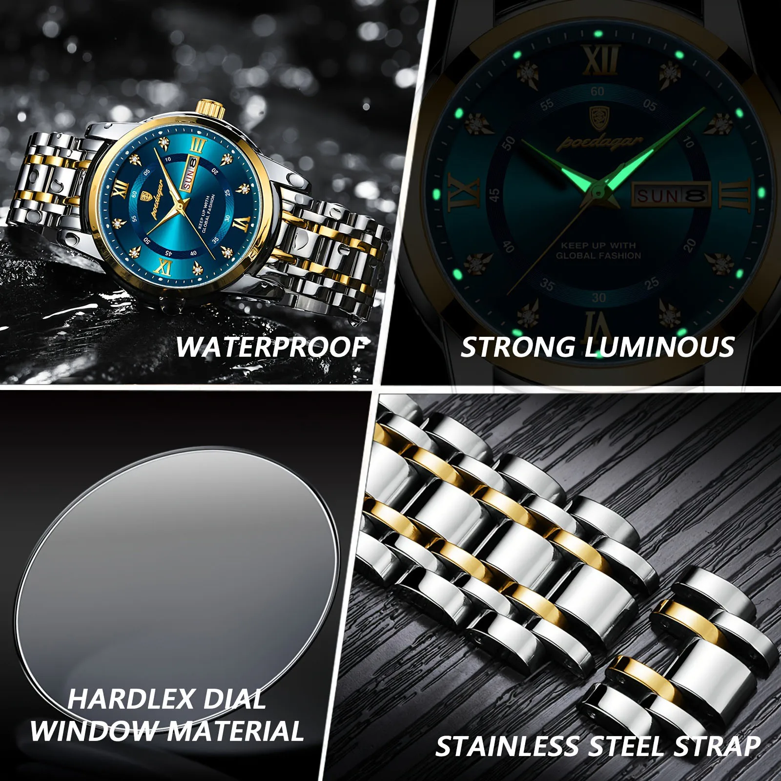 POEDAGAR Luxury Watch for Man Elegant Date Week Waterproof Luminous Men Watch Quartz Stainless Steel Sports Men\'s Watches reloj