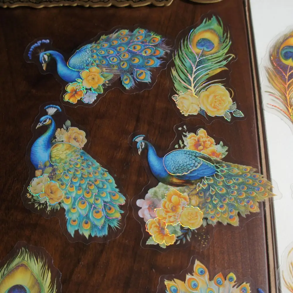 

10 Pcs Laser Color Green Blue Peacock Feathers Style PVC Sticker Scrapbooking DIY Gift Decoration Tag