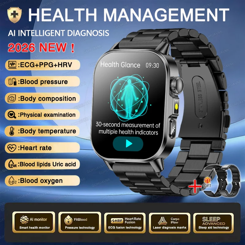 2026 Nieuwe Nauwkeurige Meting Gezondheid Smartwatch ECG+PPG Bloeddruk Bloedlipiden Urinezuur BT Oproep Smartwatch Voor Mannen Vrouwen