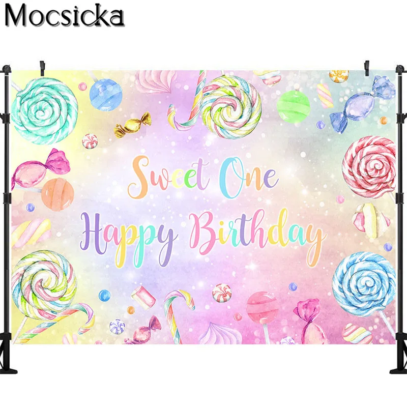 Fondo de fotografía de feliz cumpleaños Candy Sweet One, telón de fondo de piruleta de colores, pancarta de fiesta de 1er cumpleaños de niña rosa, cabina de fotos