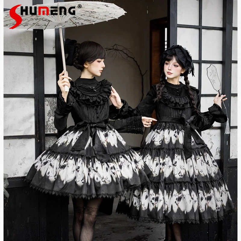 

Japanese Original Design Butterfly Print OP/JSK Big Hem Lolita Dress Twin Autumn Winter New Rojita Sweet Slim High Waist Dresses