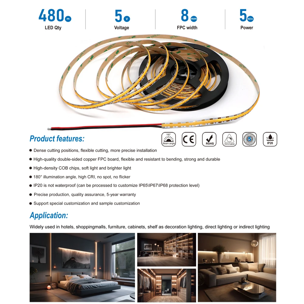 5V COB LED Strip Light 480LEDs/M 8mm Low Voltage DC5V Flexible Ra90 Seamless Linear Cut 10.4mm Warm Natural Cool White 5M