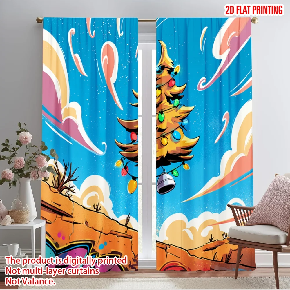 

2pcs 2D flat printing Window Curtains Desert Christmas Tree Bell Polyester Without Electricity Holiday Decorations for Home