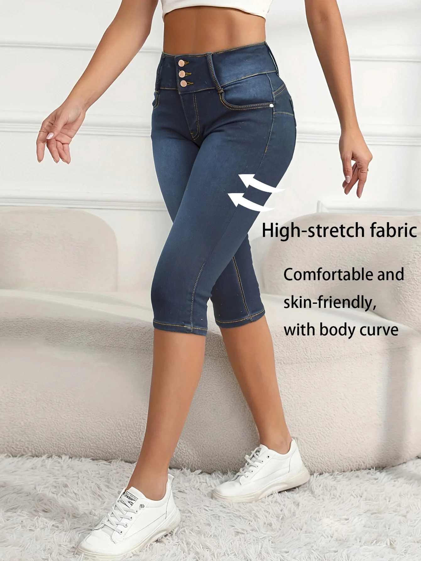 Jeans capri femininos de cintura alta com fecho triplo de botão