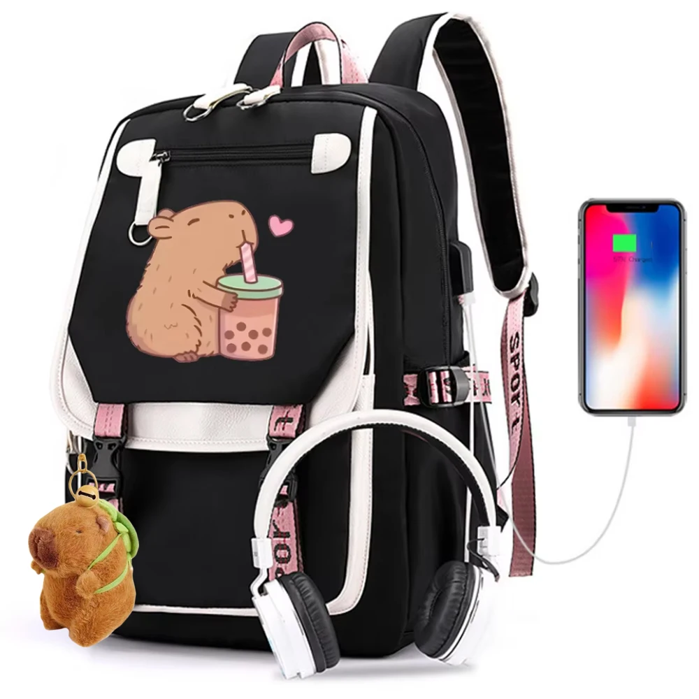 

Teenage Bookbag Nylon Rucksack Cute Capybara Loves Bubble Tea Fashion Girl Backpacks Women Shoulder Bag High School Schoolbag
