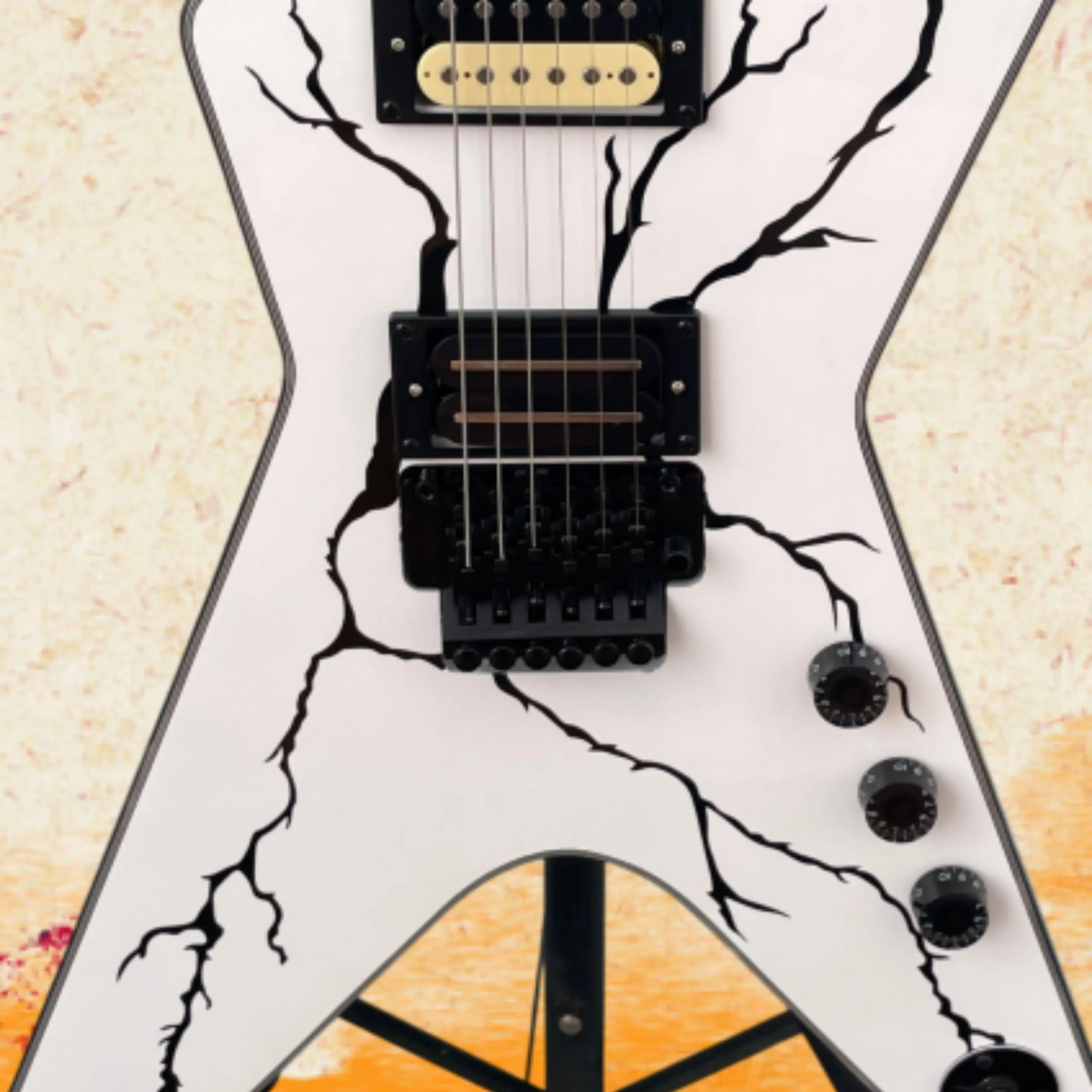 Minimalist White Electric Guitar, Black Lightning Crack Art Print, Black Hardware Guitars,Designed For Rock Enthusiasts Guitarra