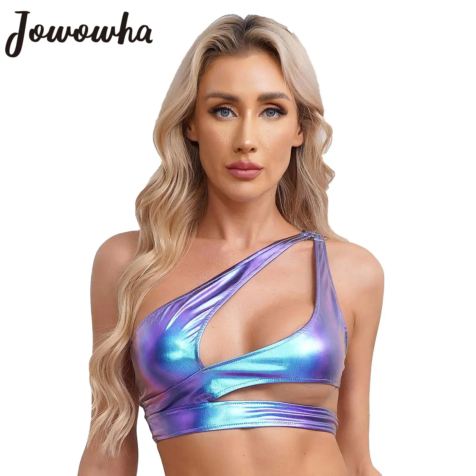 Womens Metallic Shiny Cutout Crop Top One Shoulder Sleeveless O-ring Bodycon Vest Tank Tops Rave Party Disco Pole Dance Clubwear