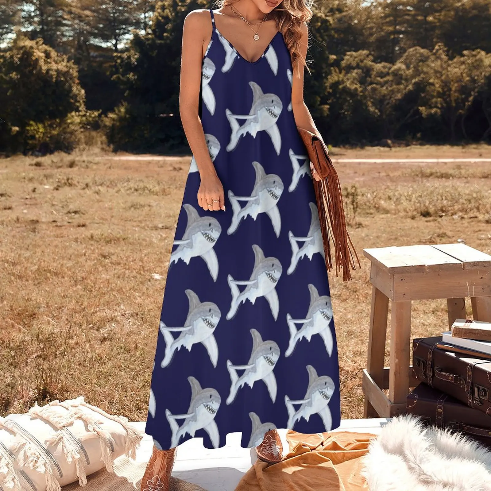 Great White Shark Fanciful Aquatic Watercolor Sleeveless Dress summer dress woman 2023 trendy dresses women summer 2023