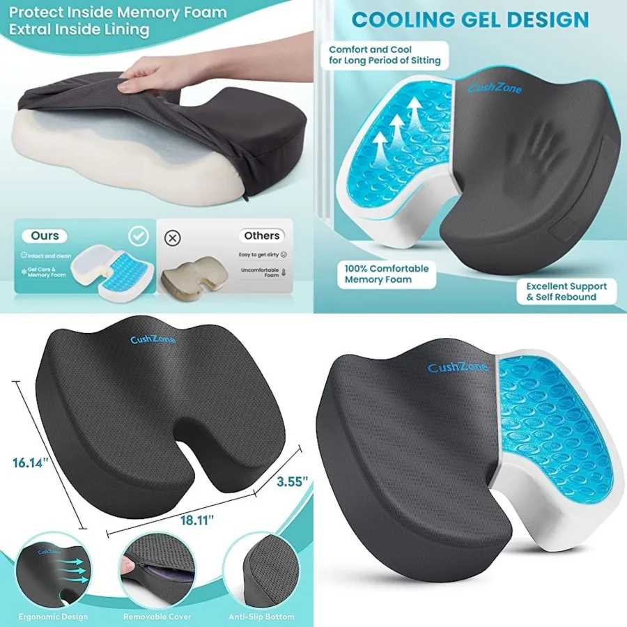 

Office Chair Seat Cushion, Cooling Gel Enhanced Memory Foam Cushion for Long Sitting - Back, Sciatica, Coccyx, Tailbone Pain Re