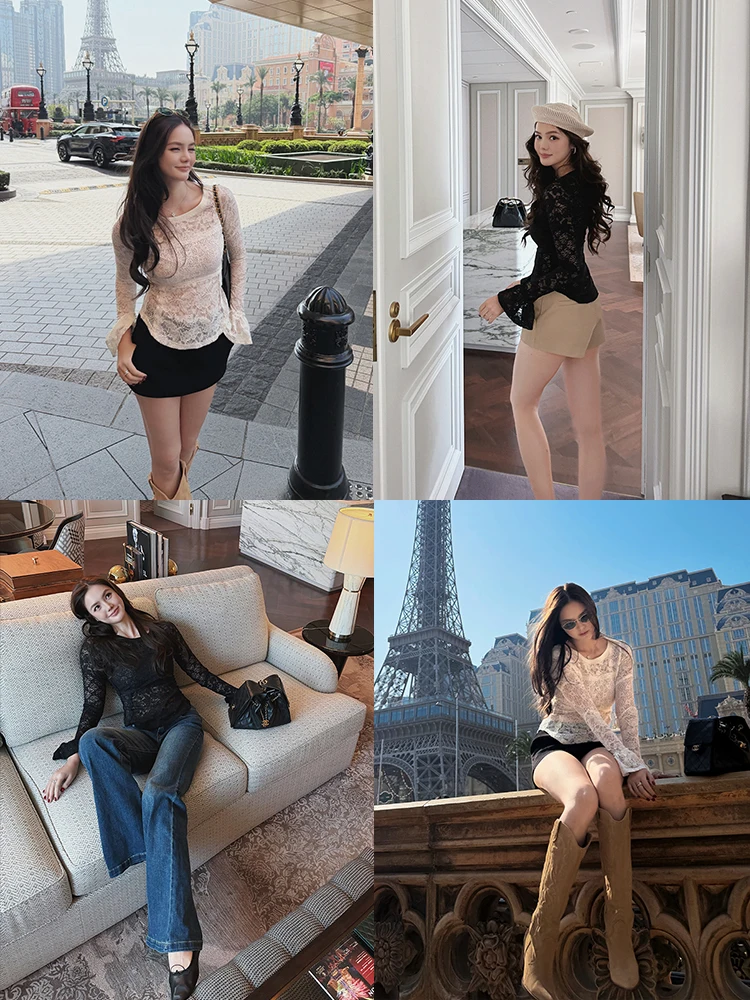 

Slim Fit Lace Base Shirt Women's Spring 2026 New Bell Sleeve Elegant Personality Top Fashionable round Neck Polyester Fiber