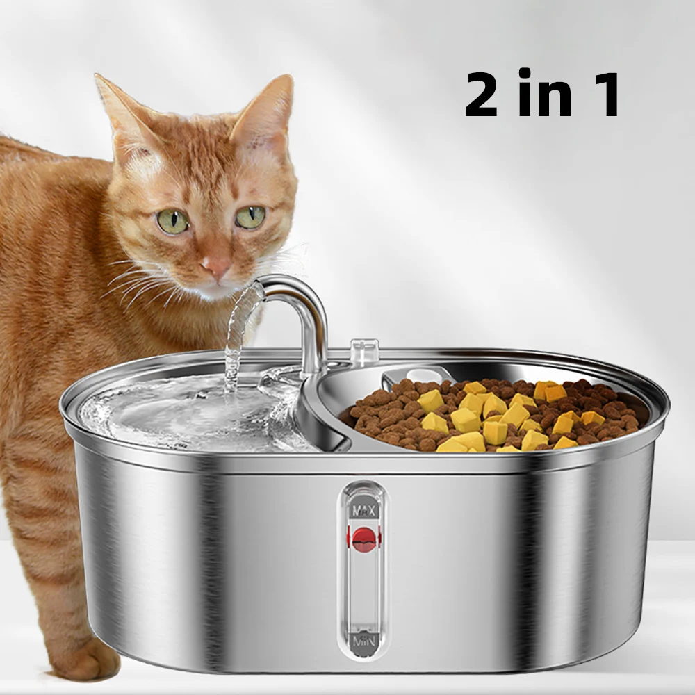 

Large Capacity Water Feeder for Cat, Double Bowl, Stainless Steel, Smart Feeding, Drinking Water Bowl, Dog Fountain, 3L