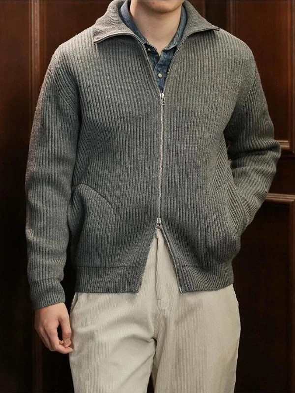 

Retro Plait Pattern Double Zipper Thiened Casual Open Cardigan Knitted Sweater Stand Collar Men's Faion Winter Outerwear