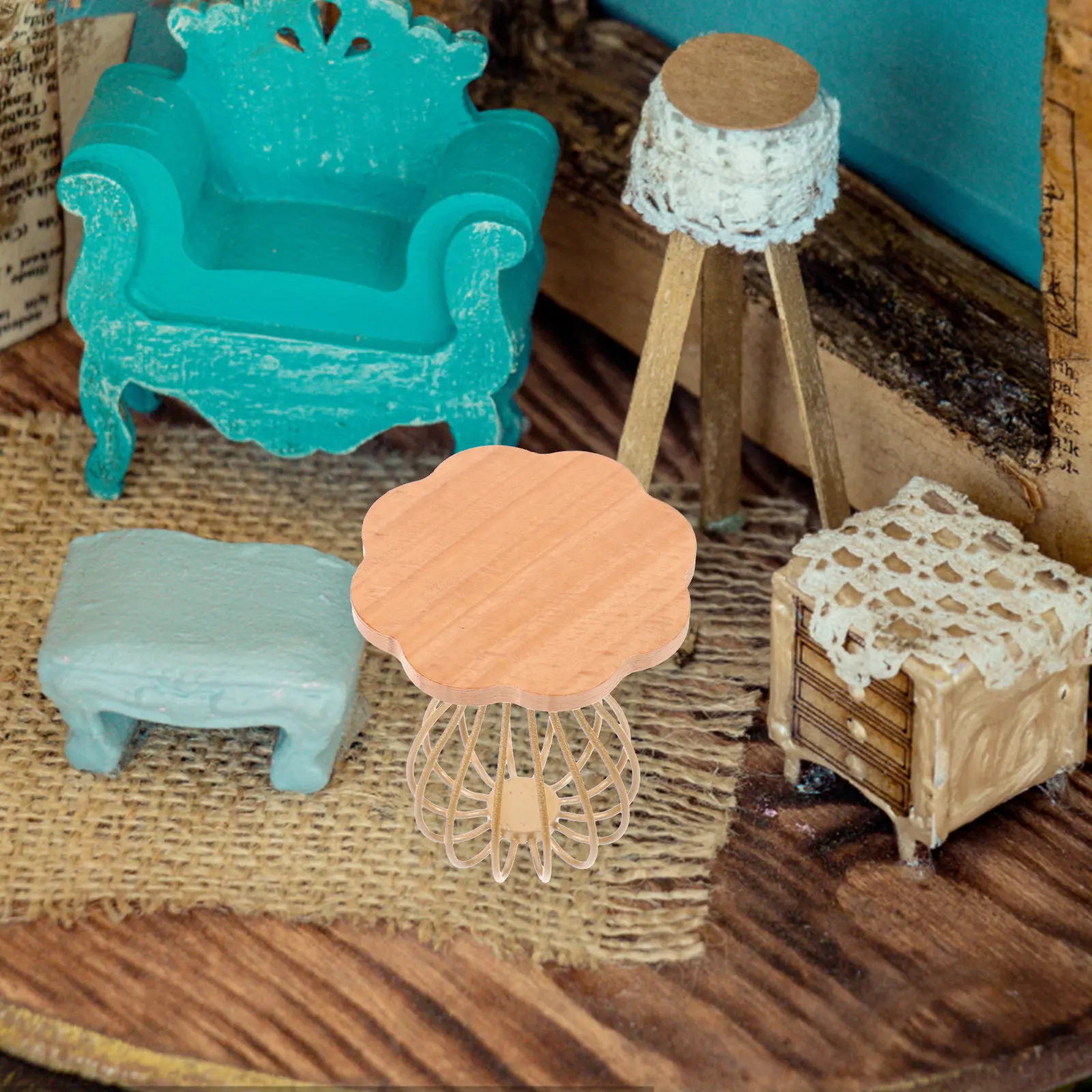 

Miniature Wood Metal End Table Mini House Furniture Mini Living Room Tiny Table Decor Accessories Miniature Furniture