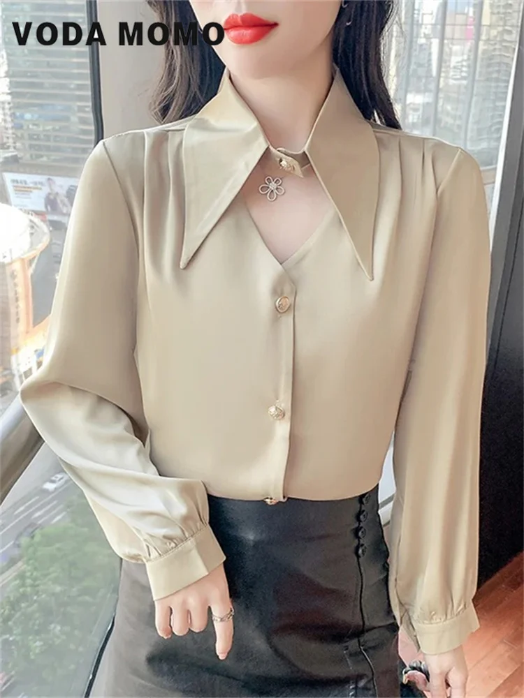 Commuting Wind New Simple Korean Vintage Satin Silk Shirt Women Fashion Blouse Elegant Female Blouse Long Sleeve Shirts Tops