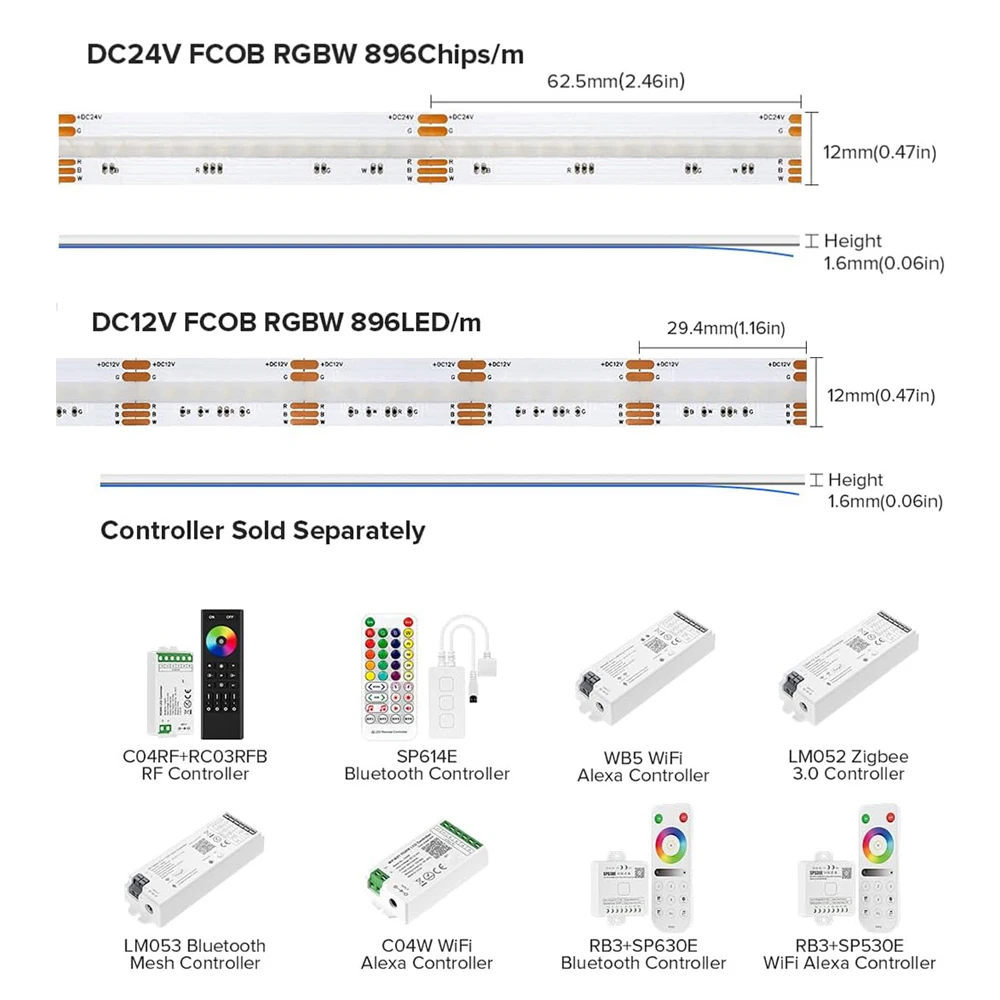 FCOB RGBW LED 스트립 조명, 유연한 FOB RGBCW COB RGBWW 조명, 고밀도 RA90 선형 조광 가능, 16W, 5 핀, 12mm, DC12V, 24V, 896 LED