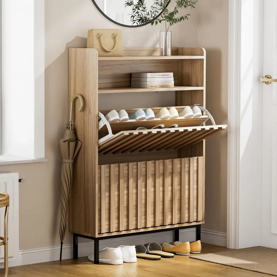 

Fluted Natural Wood Shoe Cabinet Storage for Entryway with 2 Flip Drawers Mid Century Narrow Shoe Rack Organizer Free Stand