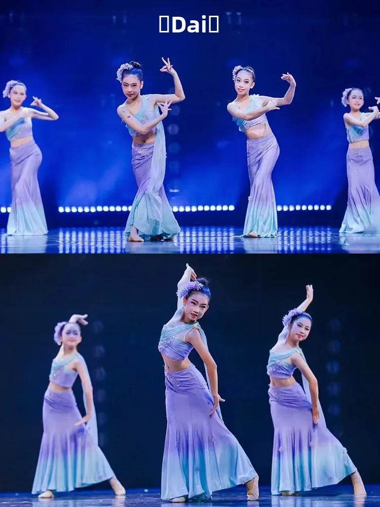 

Children's Tai Dance Costume Girls' Ethnic Tai Dance Performance Skirt Dry adow Performance Clothes for Kids' Tnt Exam