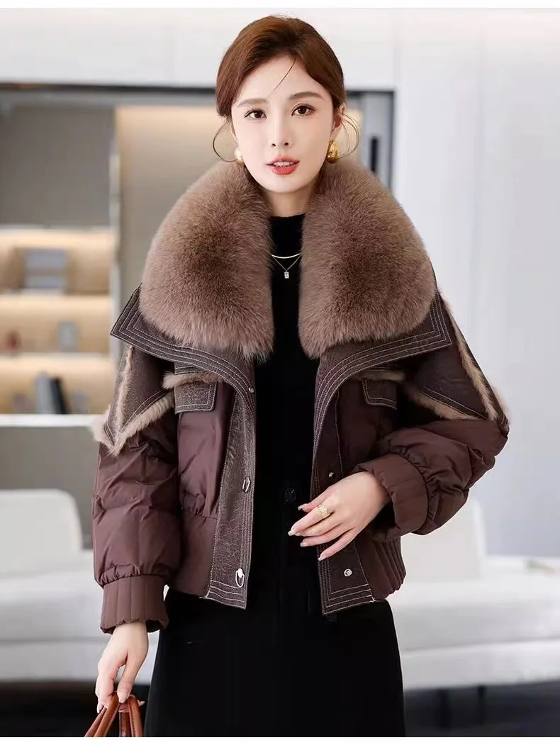 Women's winter down jacket 2024 new short jacket natural fox fur collar white goose down jacket sheepskin fabric jacket