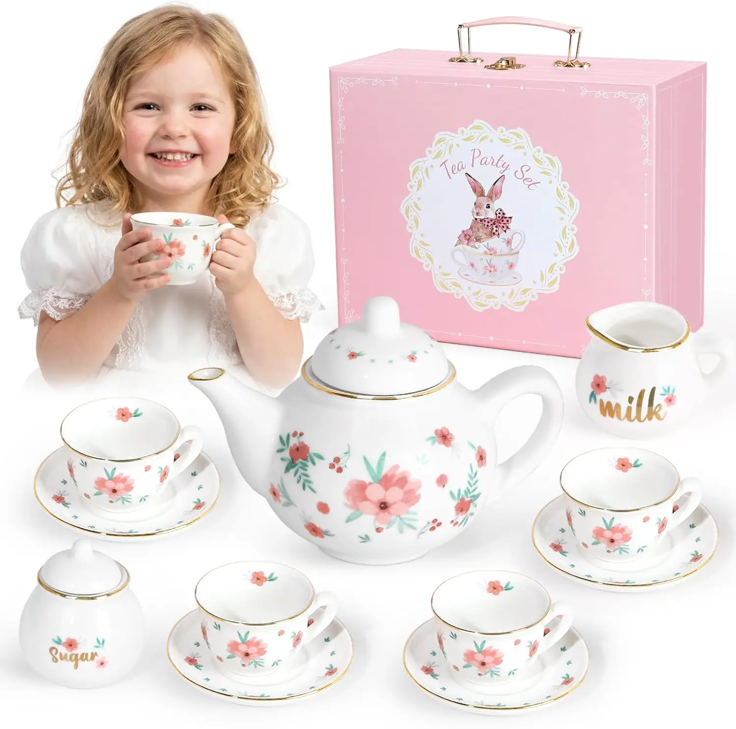 

Porcelain Tea Set for Girls, Pretend Play Kitchen Toy with Teapot and Cups, Toddler Birthday Gift Age 3+