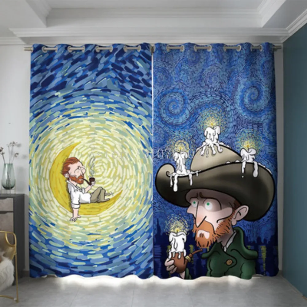 Van Gogh Cartoon Famous Painting Curtain Funny Graffiti Shading Dustproof Custom Boy Living Room Bedroom Ring Hook Bay Window