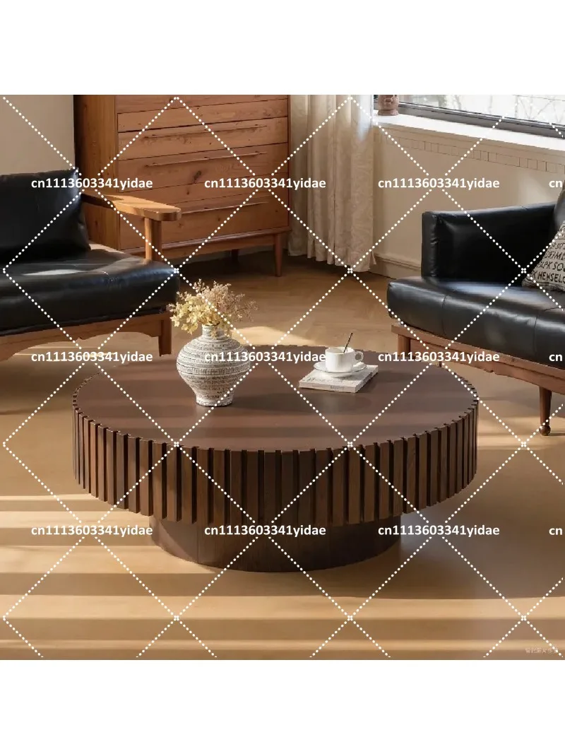 

Modern Fluted Round Coffee Table, Walnut Wood Low Circle Center Table for Living Room Decor