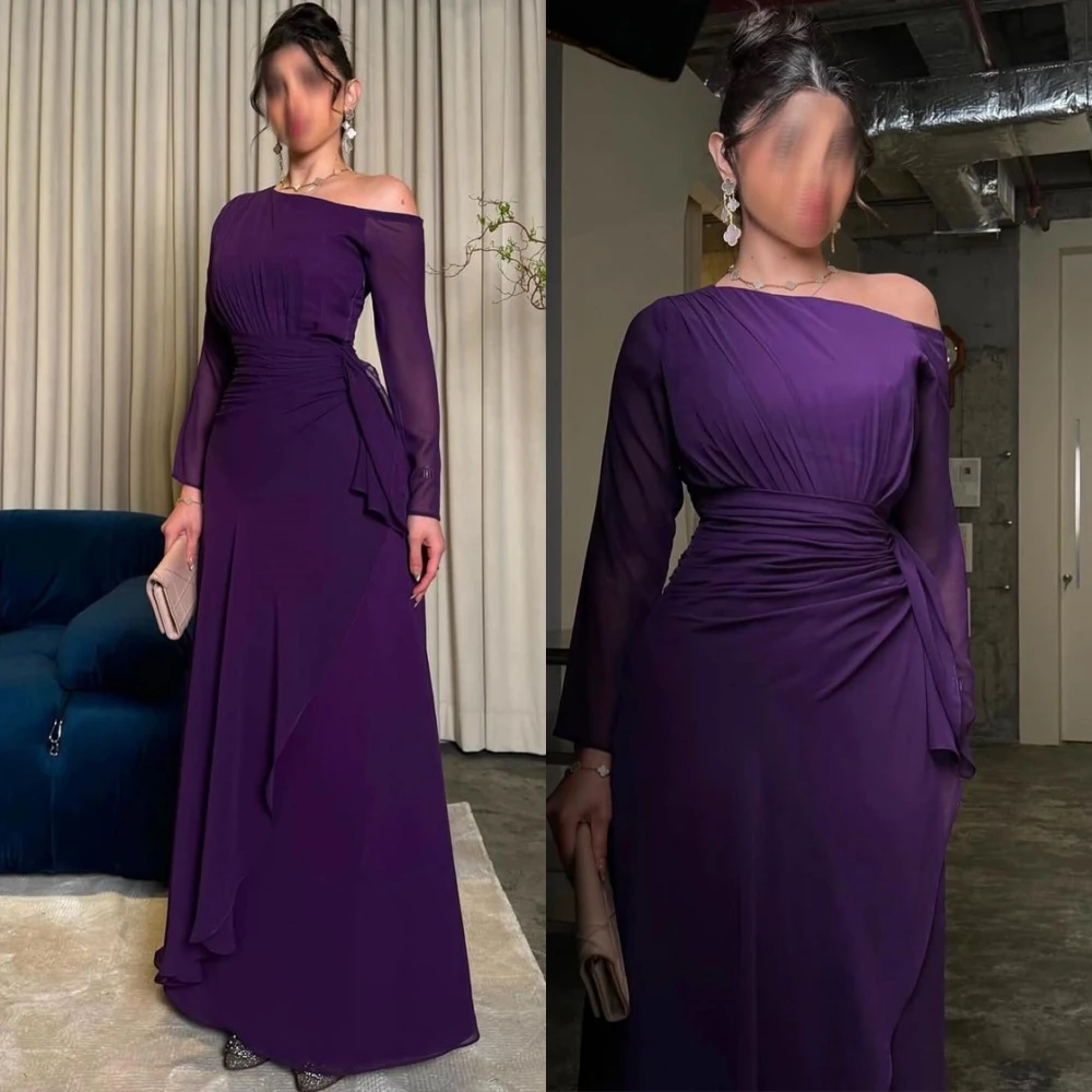 

Customized Formal Boat Neck Chiffon Evening Dress Simple Long Sleeves Prom Dresses Sparkly Sweep Train Special Occasion Gowns