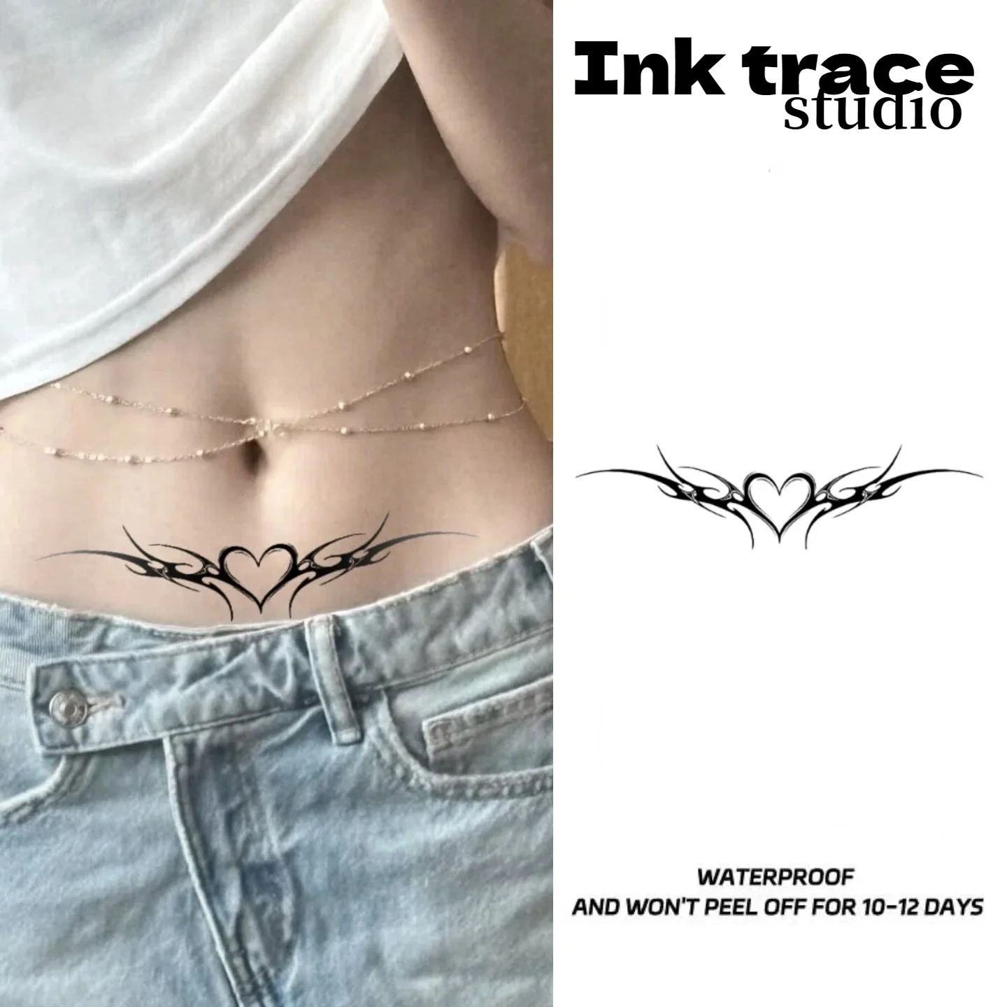 Autocollants de tatouage temporaire aux herbes Love's Wings pour filles, adaptés aux zones de l'abdomen, de la taille et du torse, longue durée 10-12 jours