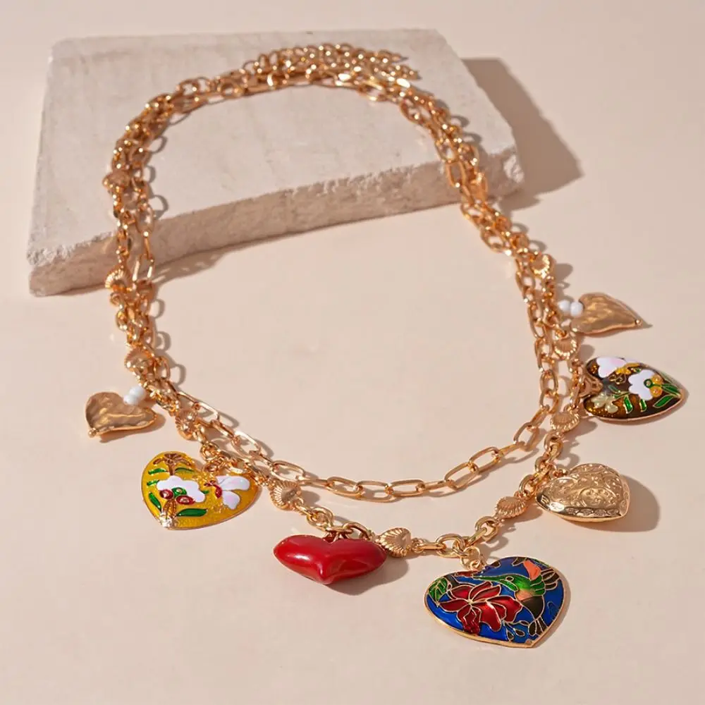 

Heart-shaped Big Heart Pendant Necklace Dripping Oil Flower Double Layer Necklace Temperament Vintage Clavicle Chain Vacation