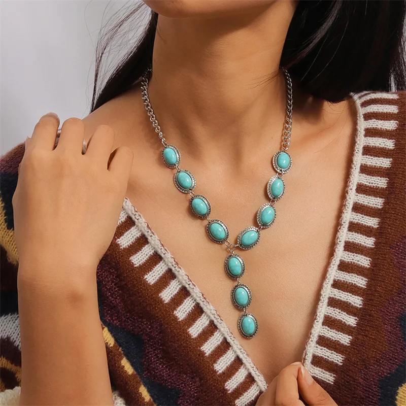 Aihua Böhmen Türkis Stein Herz Halskette für Frauen Halsband Collier Femme Ethnische Tibetischen Silber Halsketten Aussage Schmuck – Detail 13