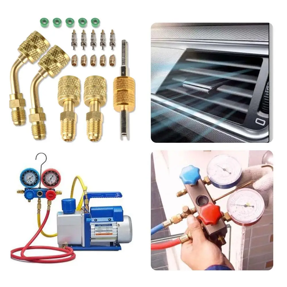 Adattatore per refrigerante di qualità premium Adattatore per rimozione adattatore da 45 gradi Nucleo R410A Adattatore per strumenti HVAC per strumento più recente Ottone La maggior parte delle valvole O9T1