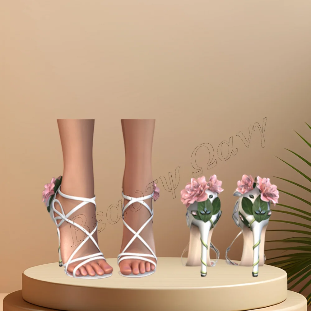 

White Back Flower Decor Sandals Cross Band Cover Heel Open Toe Spike High Heel Shoes for Women High Heel 2024 Zapatillas Mujer